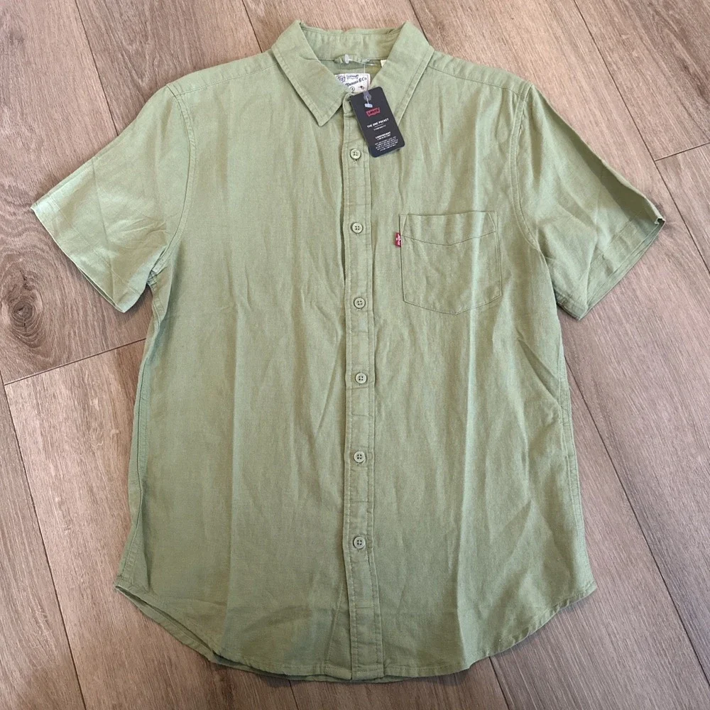 Levi's Linen Blend SS Lightweight Shirt Pocket Green Small Travel‎ Beach NEW